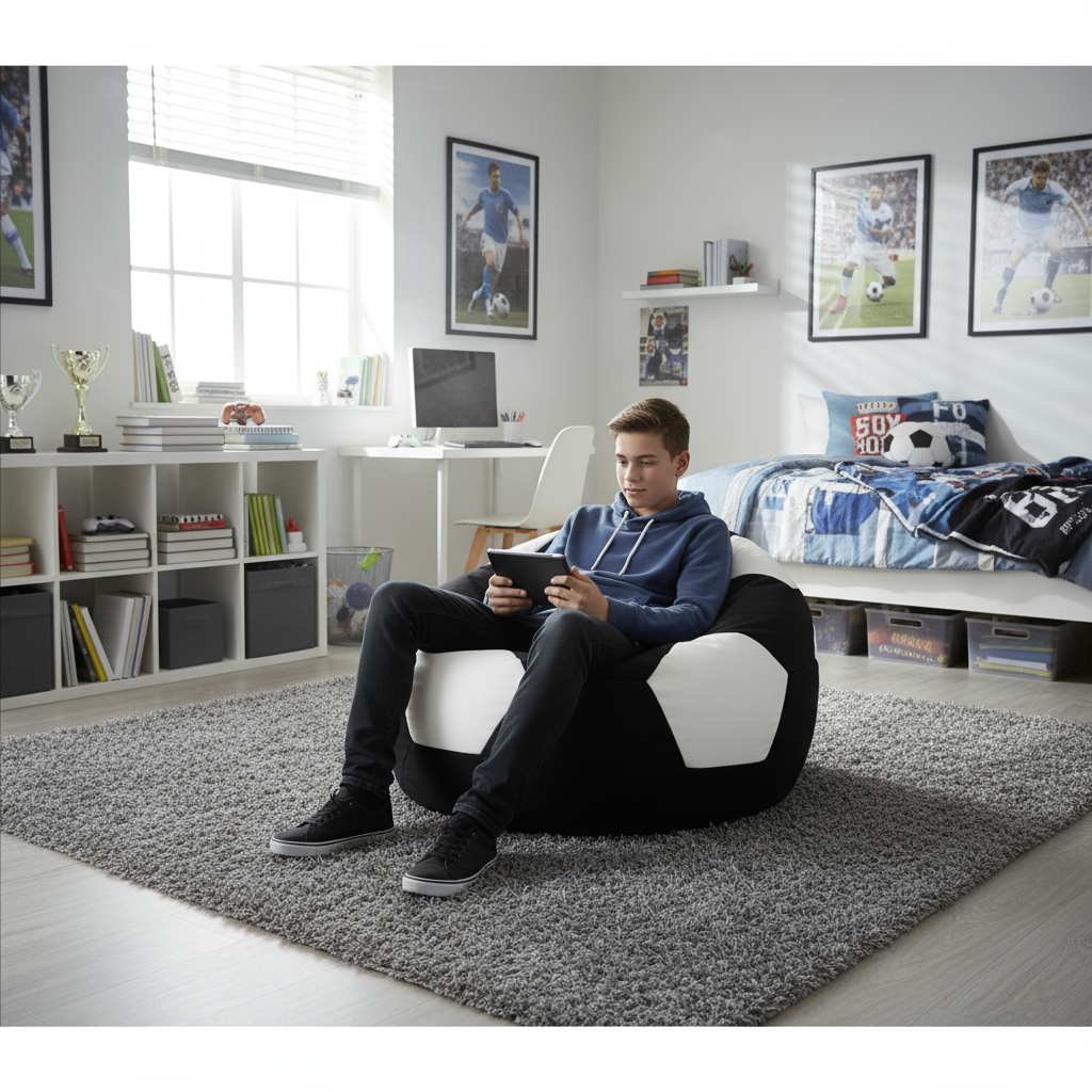 Person sitting on a bean bag chair in a modern living room, using a tablet.